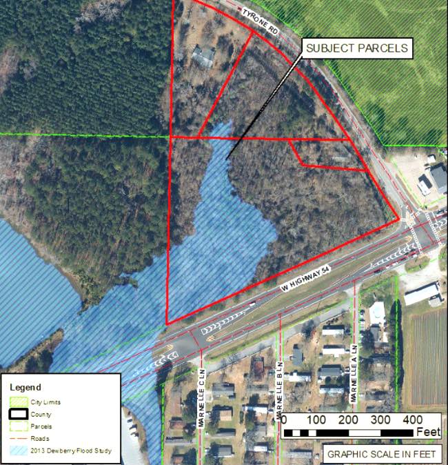 Aerial view of proposed rezoning at Hwy. 54 and Tyrone Road.