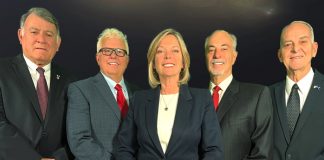 Official portrait of the 2023 Peachtree City Council. (L-R) Mike King, Phil Prebor, Mayor Kim Learnard, Clint Holland and Frank Destadio. Photo/Peachtree City website.