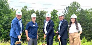 Peachtree City Council Member Clint Holland (second from left) joins SP Meditec Managing Director Peter Fejfer (far left), SP Meditec CEO Soren Ulstrup (center), Dividend Commercial Real Estate Managing Director John Tiernan (second from right) and Dividend Commercial Real Estate Developer Morgan Cox (far right) as they break ground on SP Meditec’s new 120,000 square foot manufacturing facility off Georgia State Route 74. (Photo/Andre Walker)