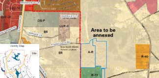 Eastside annexation request. Proposed area outlined in blue. Graphic/City of Peachtree City.