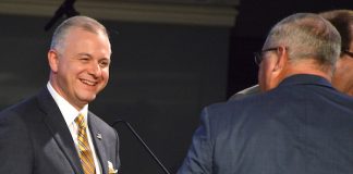 Fayetteville pastor Josh Saefkow receives congratulatory handshakes after he was elected Georgia Baptist Convention president last November. Index/Henry Durand.