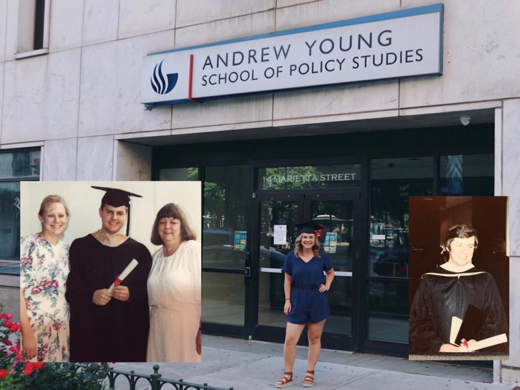 Three generations of GSU graduates. (L-R) Joe Domaleski MBA '93, my daughter Alex Domaleski MS '20, my father Ed Domaleski MA '79. Photo/Joe Domaleski