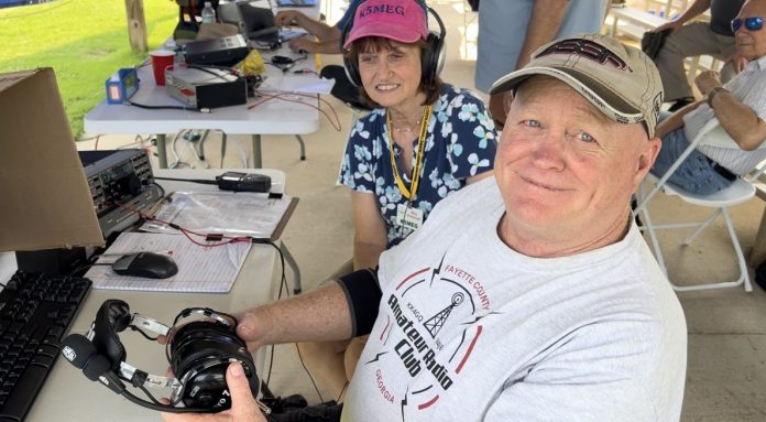 Bill Lackey (KV4UD) and Meg Blubaugh (K5MEG) participate in the 2023 Amateur Radio Field Day Event in Brooks. Photo/Joe Domaleski