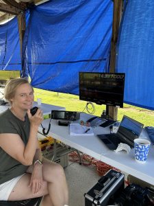 Mary Catherine Domaleski (KI4HHI) works the 20m band during 2023 Field Day. Photo/Joe Domaleski