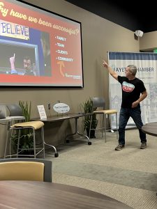 Yours truly at the Fayette Chamber of Commerce talking about how the Lessons of Ted Lasso can apply to business on 9/20/23. Photo/Mia Scarbrough 