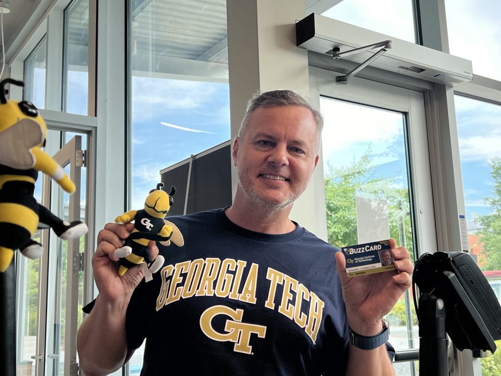 The author as a new Georgia Tech student holding his Buzz Card student ID. Photo/Joe Domaleski