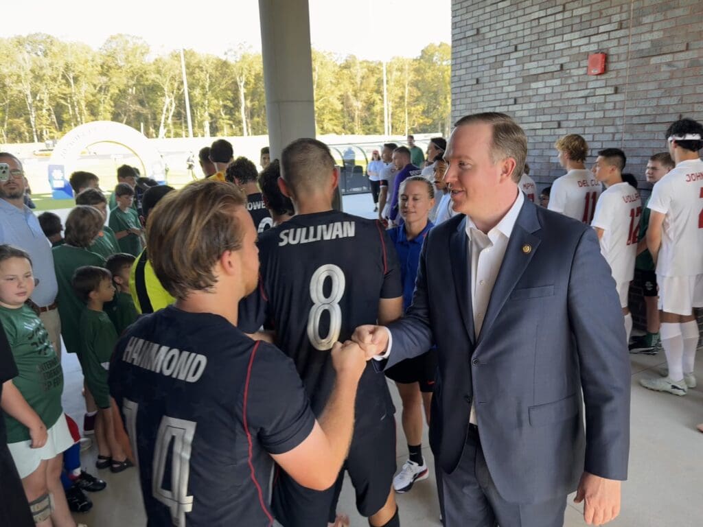 Congressman Brian Jack greets the U.S. Men’s National Cerebral Palsy team at the opening match of the 2026 IFCPF Cerebral Palsy World Cup