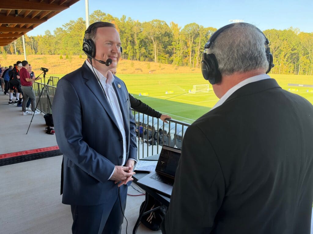Congressman Brian Jack participates in a halftime interview during the opening match of the 2026 IFCPF Cerebral Palsy World Cup