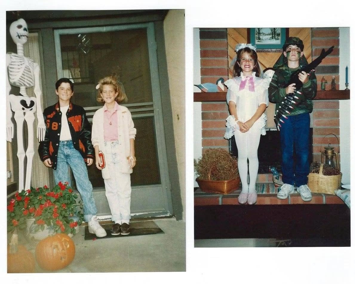 Two family photos of Blake and Lisen in Halloween costumes: as the cast of Grease beside a skeleton and jack-o'-lantern, and as a bride and an Army guy by a fireplace