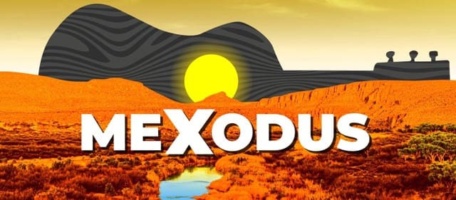 Mexodus show artwork: a guitar silhouette and setting sun over a desert landscape
