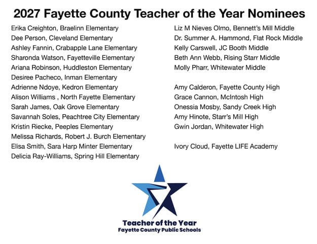 List of the 2027 Fayette County Teacher of the Year nominees