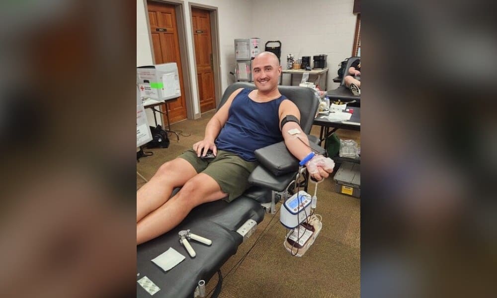 Jonathan Singh donates blood at a Senoia Optimist Club blood drive